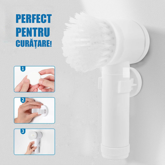 Perie de curățare multifuncțională pentru baie cu mâner lung, cap rotativ 180° și capete interschimbabile – reglabilă, alb