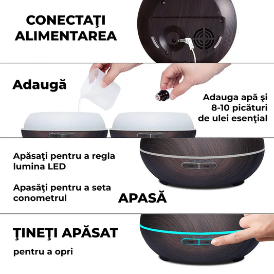 Umidificator aromaterapie cu ultrasunete 550 ml, LED RGB, timer și protecție lipsă apă – design lemn deschis