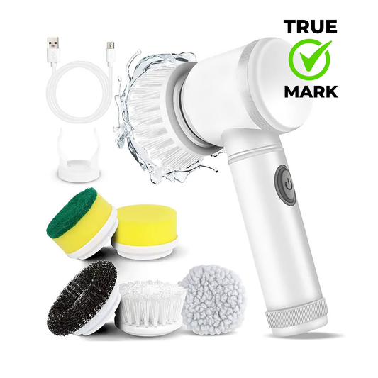 Perie de curățare multifuncțională pentru baie cu mâner lung, cap rotativ 180° și capete interschimbabile – reglabilă, alb