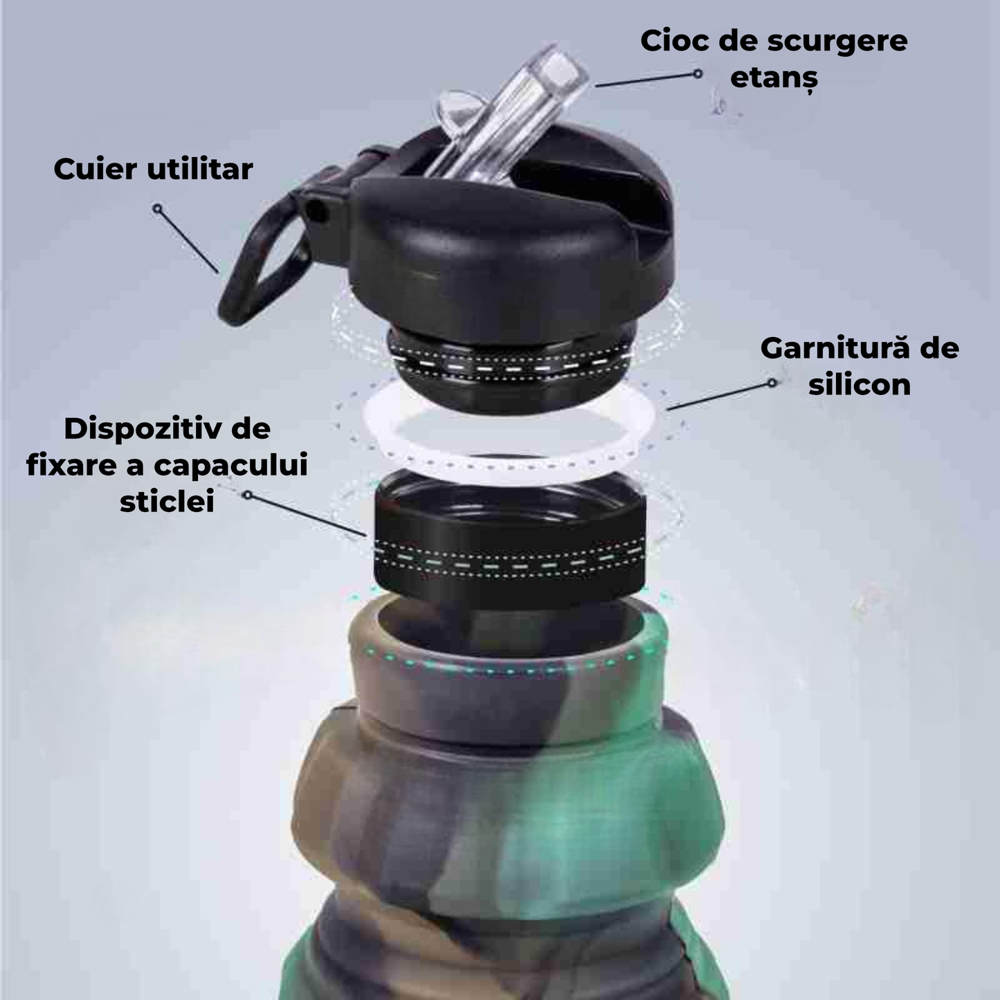 Sticlă Pliabilă pentru Apă din Silicon Alimentar – 500 ml, Reutilizabilă, Sport & Camping, Camuflaj