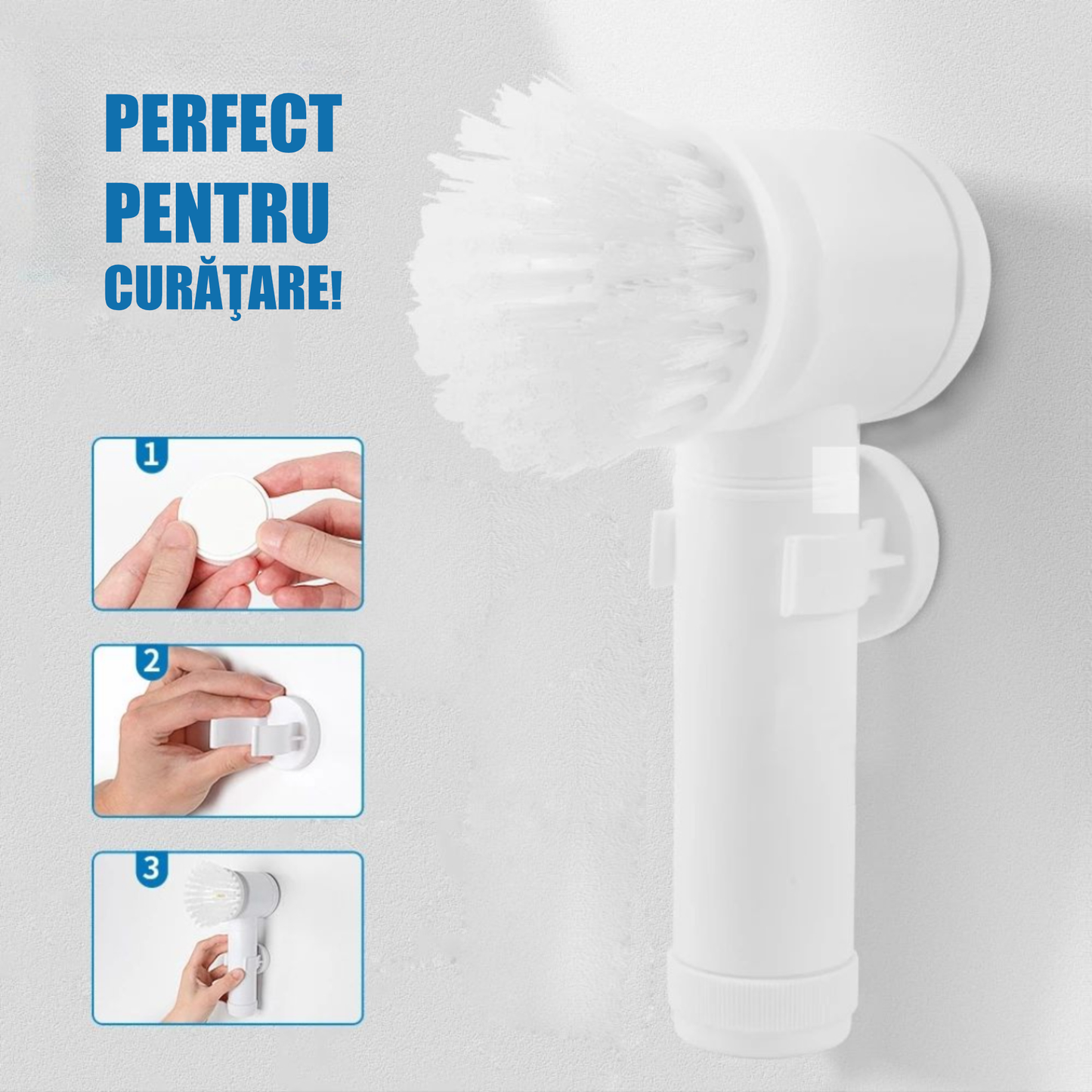 Perie de curățare multifuncțională pentru baie cu mâner lung, cap rotativ 180° și capete interschimbabile – reglabilă, alb