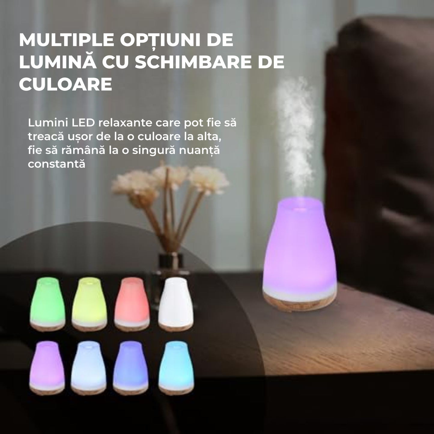 Difuzor aromaterapie ultrasonic 100 ml cu LED RGB, timer și funcție de umidificare – design lemn alb