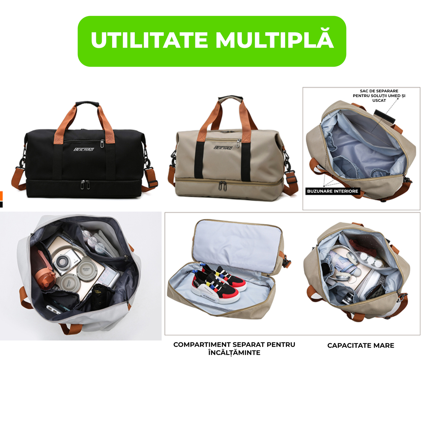 Geantă de Voiaj Sport Unisex Impermeabilă – 20–35L, Oxford, Compartimente Multiple, Khaki