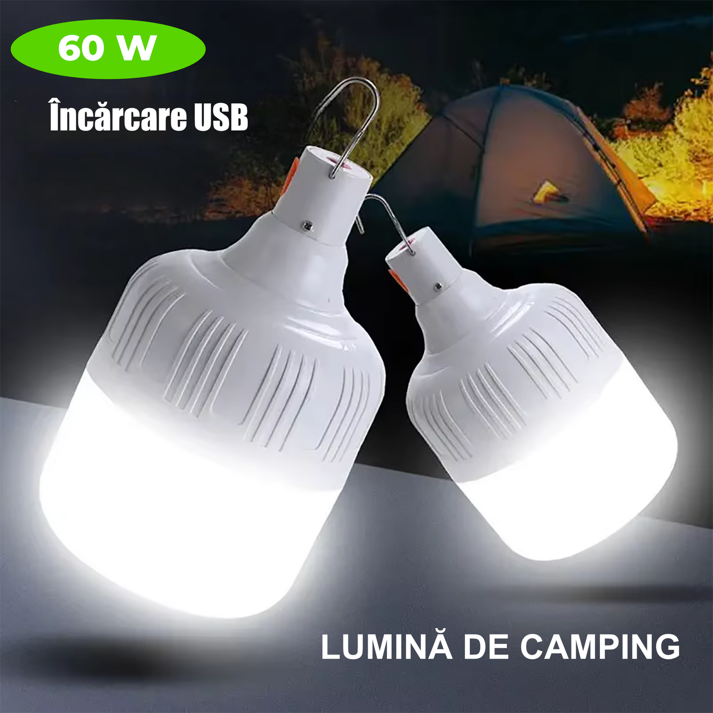 Bec LED portabil reîncărcabil cu USB, 36W, IP55, lumină albă rece, cu agățătoare – ideal pentru camping și urgențe