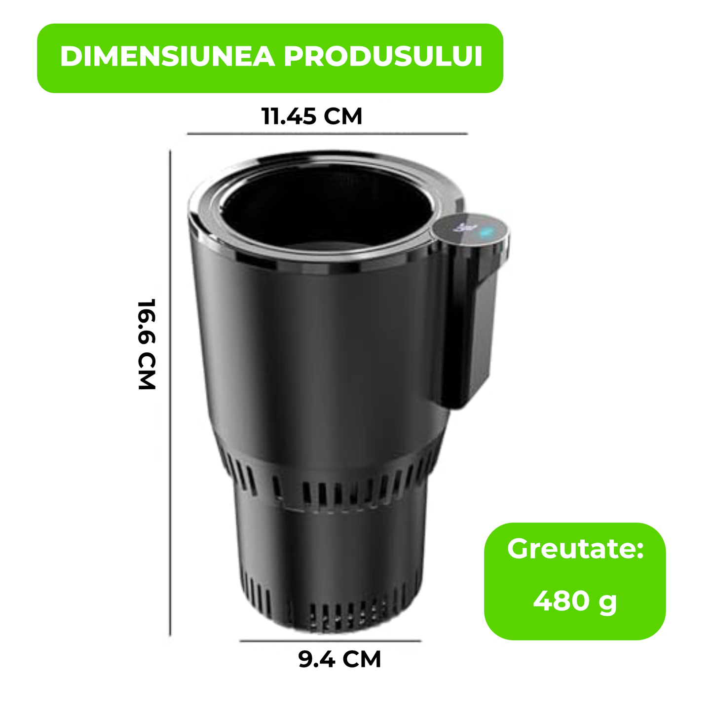 Pahar Auto Inteligent cu Încălzire și Răcire 12V, Afișaj Temperatură, 465 ml, Portabil, Negru