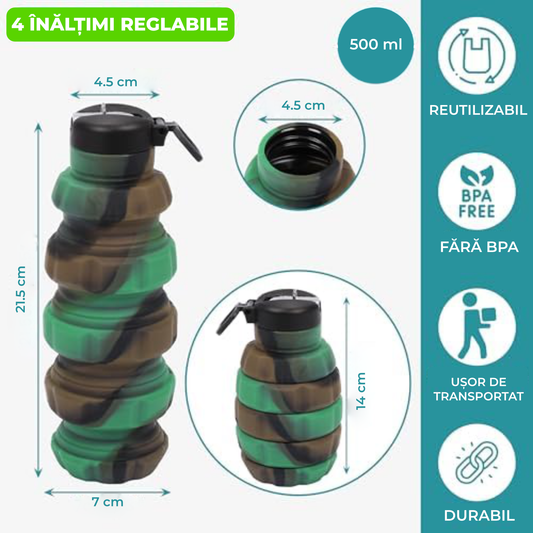 Sticlă Pliabilă pentru Apă din Silicon Alimentar – 500 ml, Reutilizabilă, Sport & Camping, Camuflaj