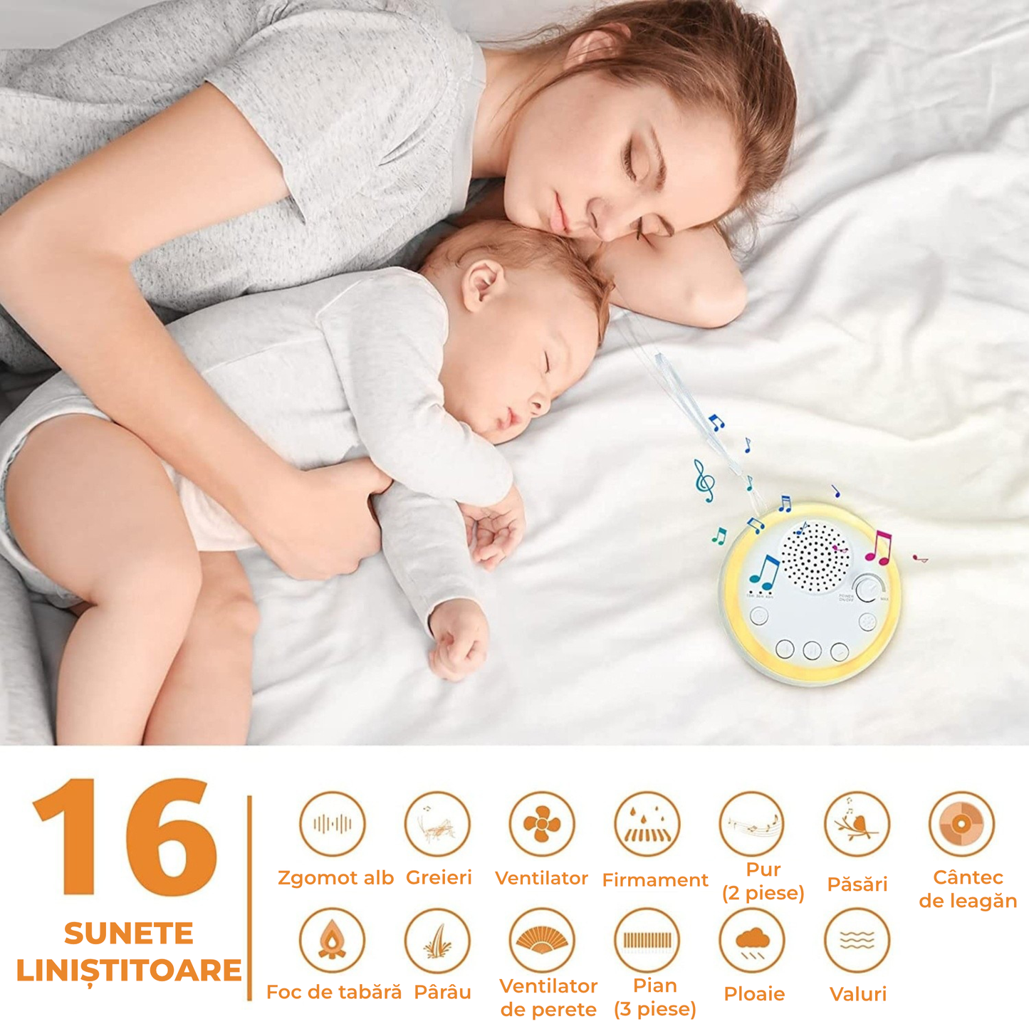 Aparat white noise portabil cu 30 sunete naturale, timer și lumină de veghe – autonomie 20 h