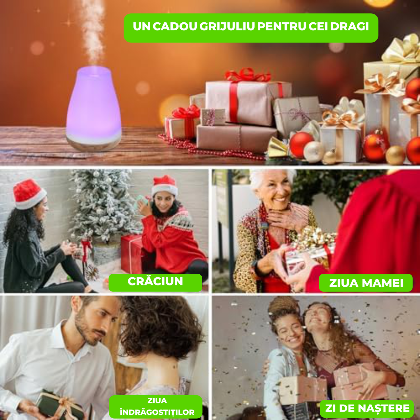Difuzor aromaterapie ultrasonic 100 ml cu LED RGB, timer și funcție de umidificare – design lemn alb