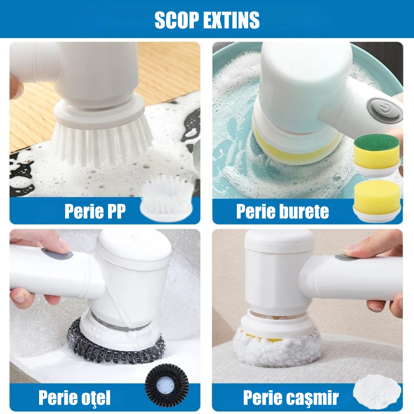 Perie de curățare multifuncțională pentru baie cu mâner lung, cap rotativ 180° și capete interschimbabile – reglabilă, alb