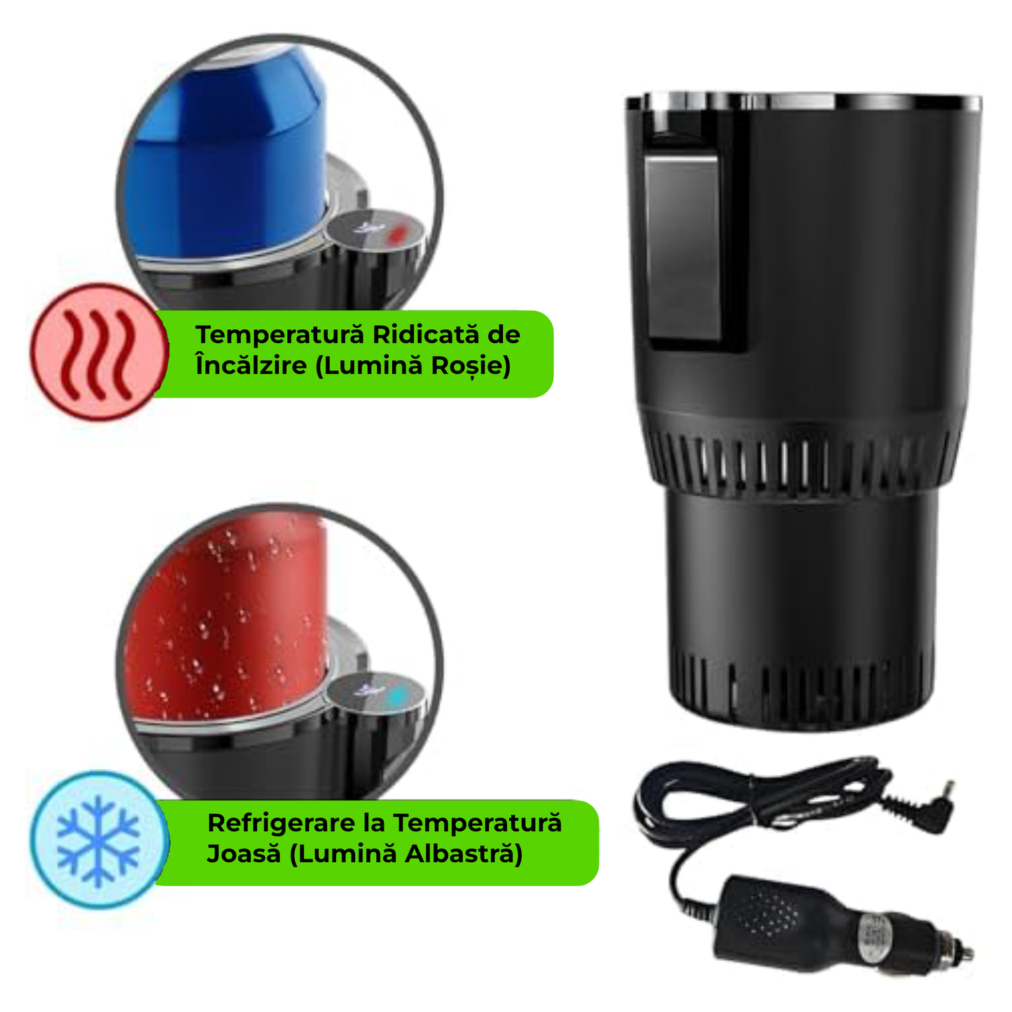 Pahar Auto Inteligent cu Încălzire și Răcire 12V, Afișaj Temperatură, 465 ml, Portabil, Negru