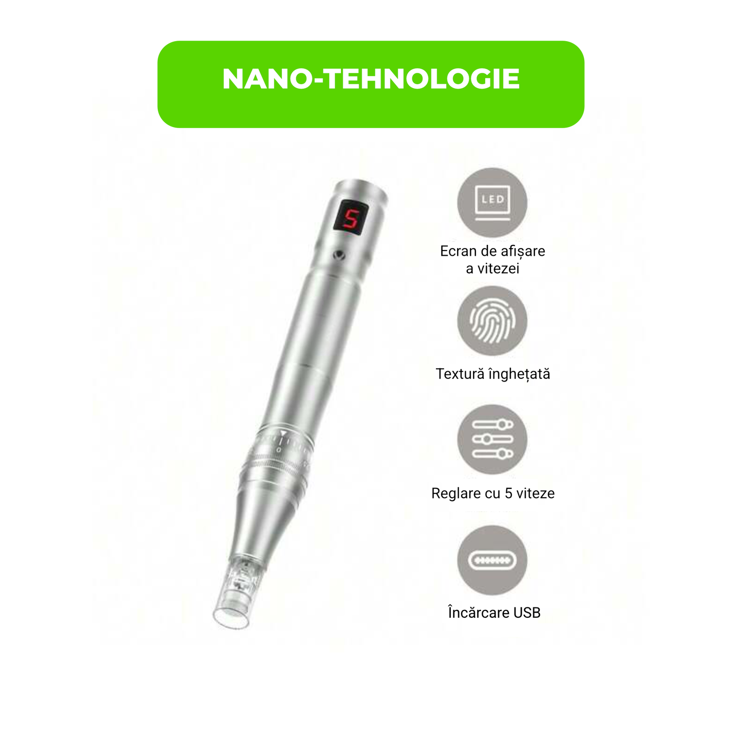 Aparat Microneedling Electric Profesional Fără Fir, USB-C, cu 2 Cartușe Incluse – Argintiu