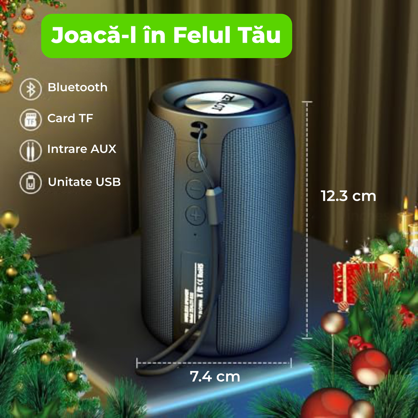 Boxă Portabilă Bluetooth ZEALOT S32 – Subwoofer Wireless 5W, IPX5, Radio FM, TWS, 1800mAh, Negru