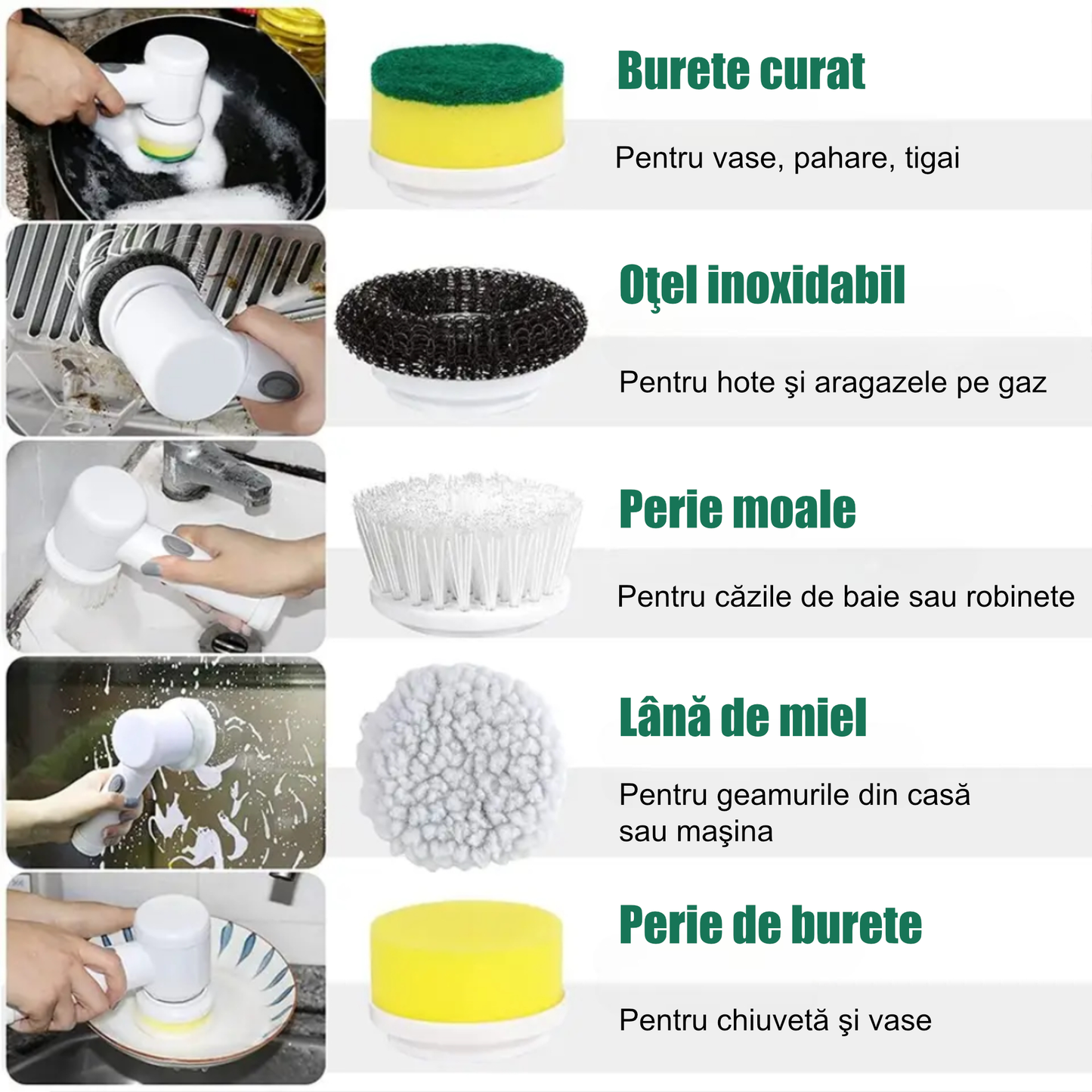 Perie de curățare multifuncțională pentru baie cu mâner lung, cap rotativ 180° și capete interschimbabile – reglabilă, alb