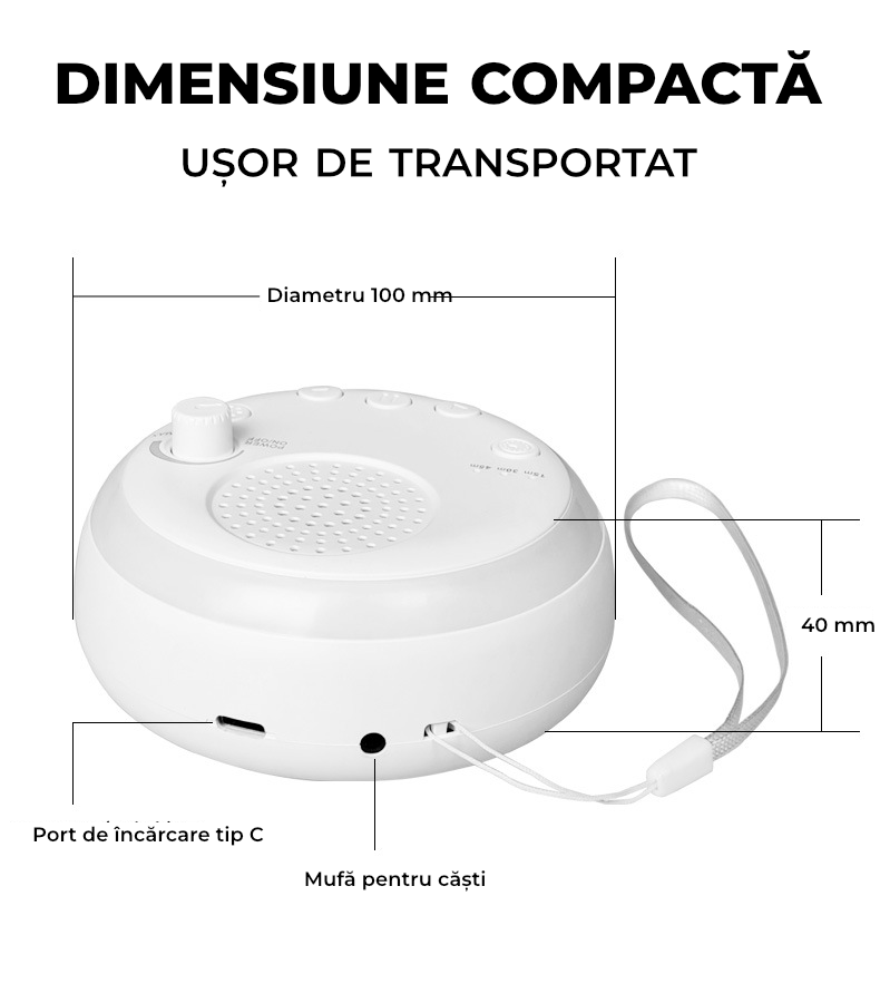 Aparat white noise portabil cu 30 sunete naturale, timer și lumină de veghe – autonomie 20 h