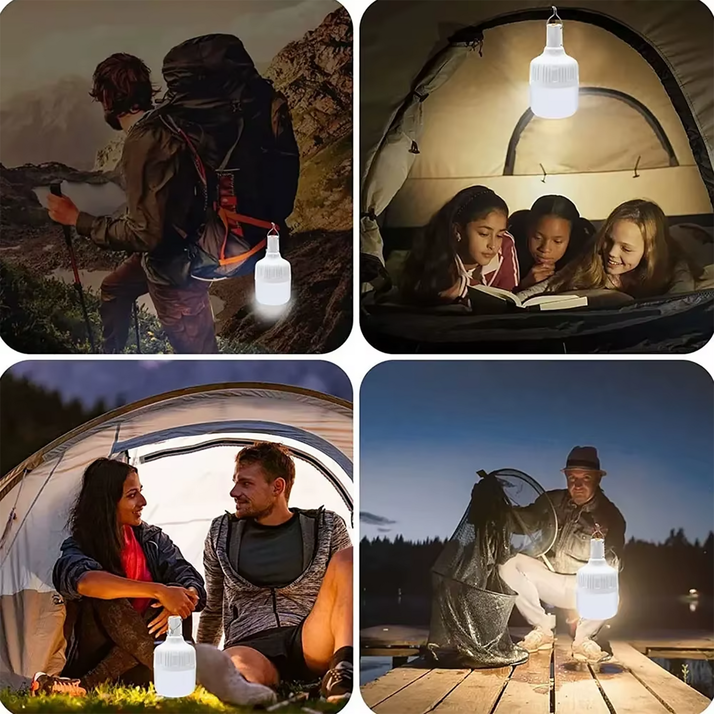 Bec LED portabil reîncărcabil cu USB, 36W, IP55, lumină albă rece, cu agățătoare – ideal pentru camping și urgențe