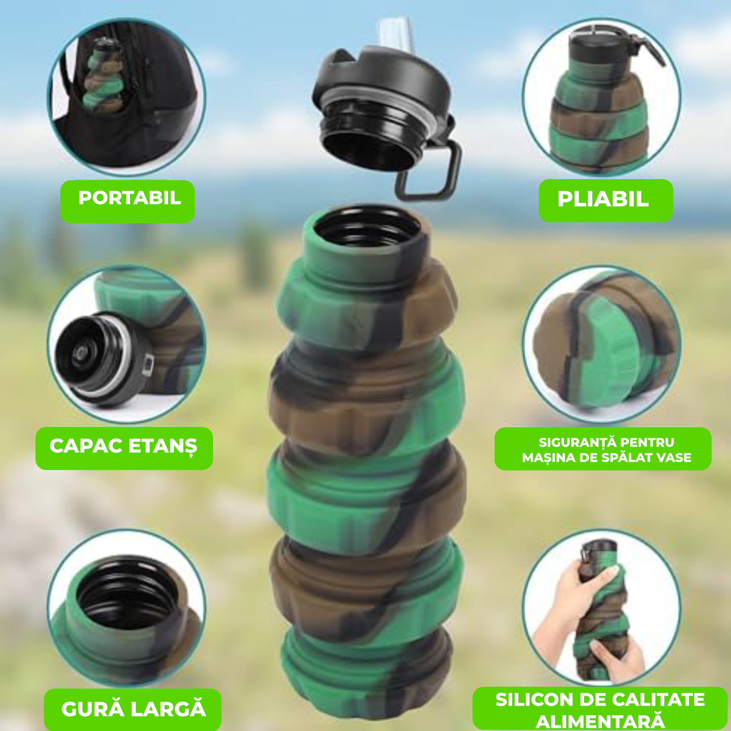 Sticlă Pliabilă pentru Apă din Silicon Alimentar – 500 ml, Reutilizabilă, Sport & Camping, Camuflaj