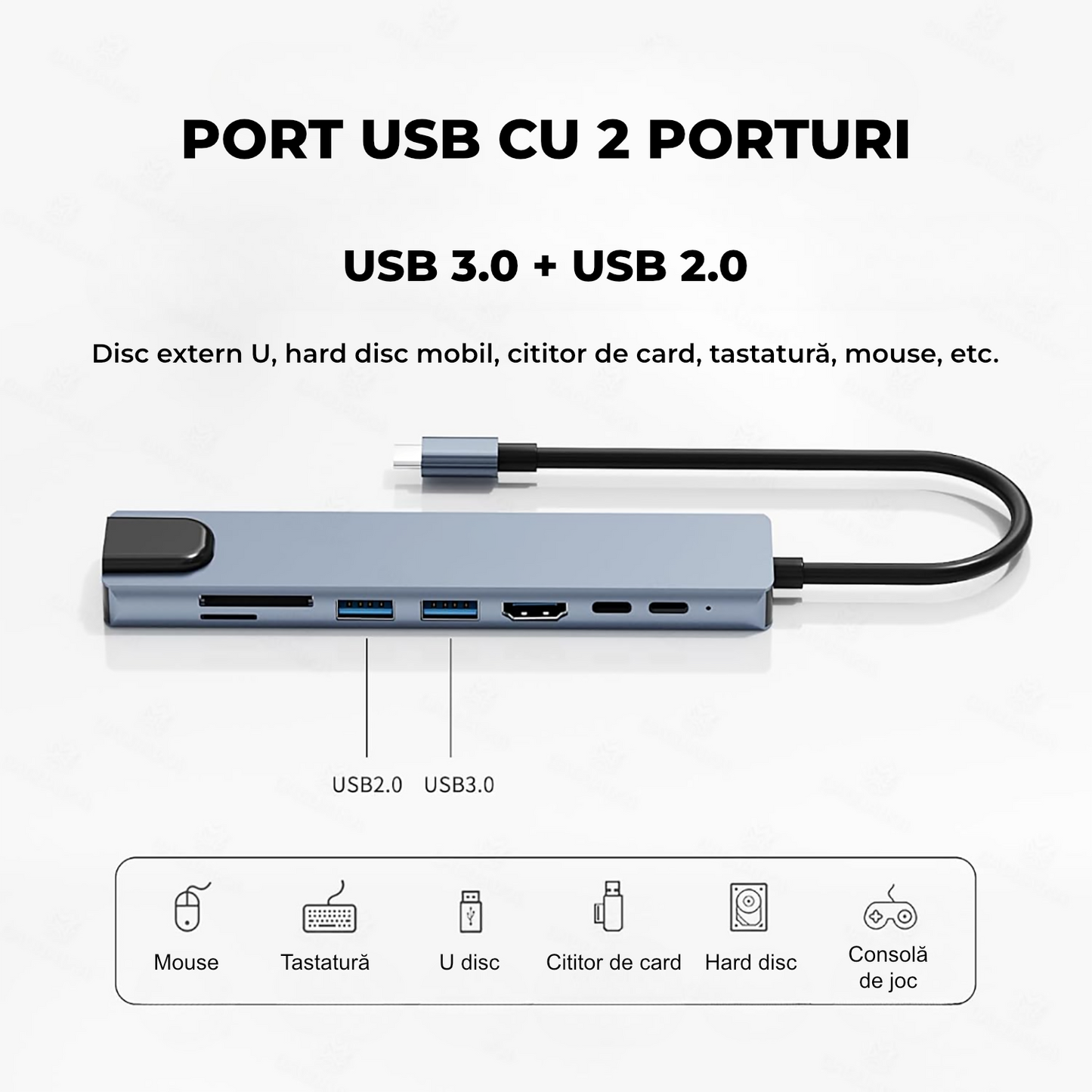 Hub USB 3.0 cu 4 Porturi – Viteză 5 Gbps, Plug & Play, Compatibil Windows/Mac/Linux, Negru
