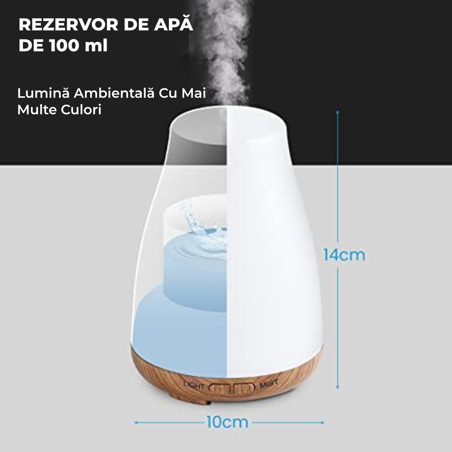 Difuzor aromaterapie ultrasonic 100 ml cu LED RGB, timer și funcție de umidificare – design lemn alb