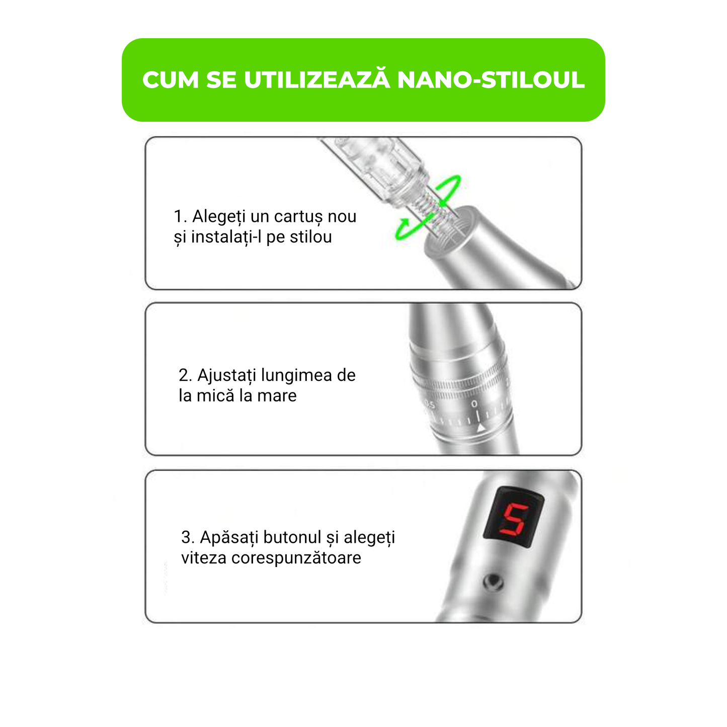 Aparat Microneedling Electric Profesional Fără Fir, USB-C, cu 2 Cartușe Incluse – Argintiu