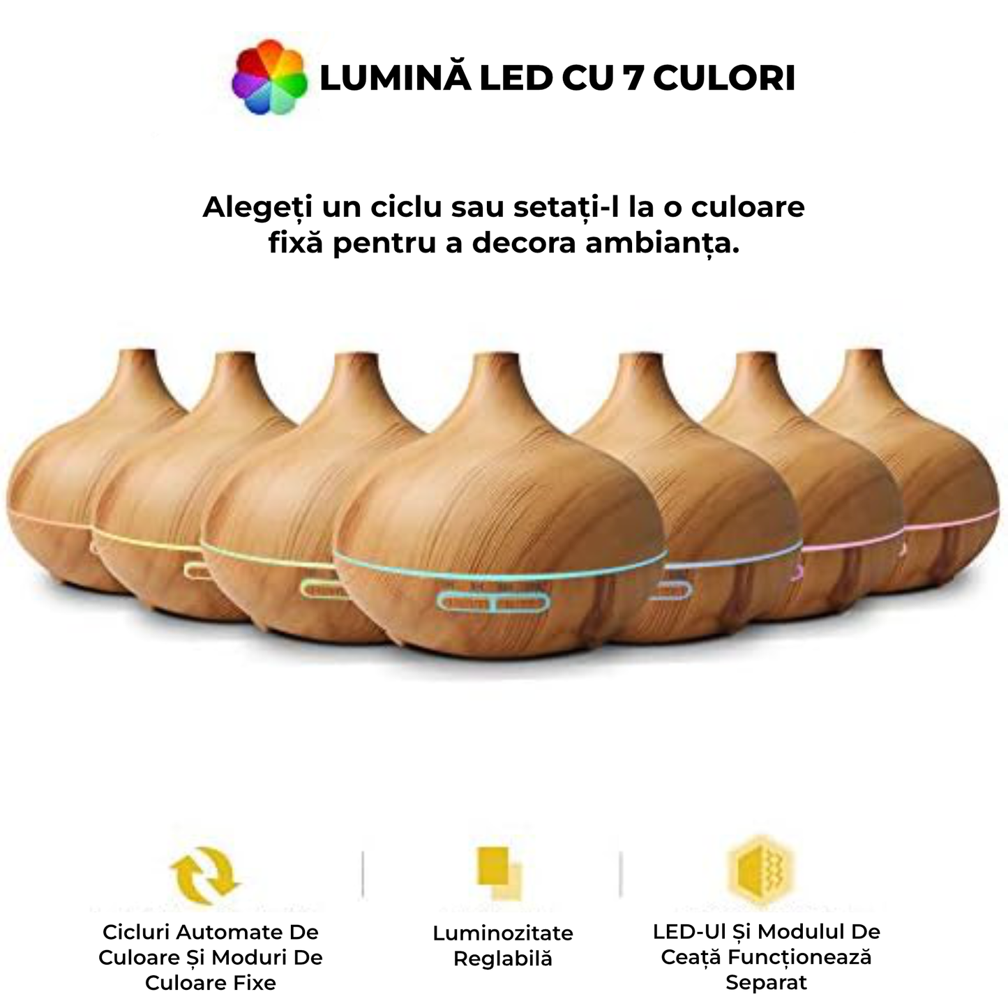 Umidificator aromaterapie cu ultrasunete 550 ml, LED RGB, timer și protecție lipsă apă – design lemn deschis