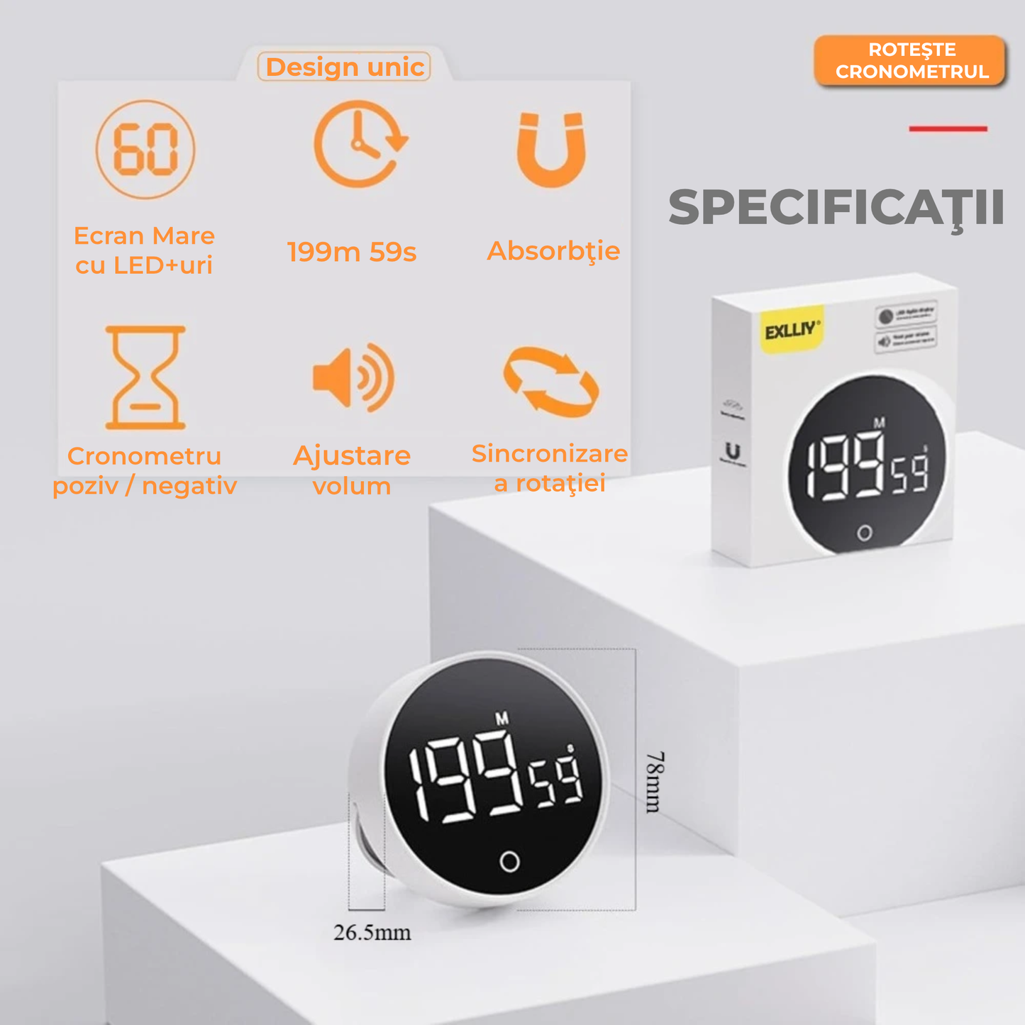 Timer Digital Multifuncțional cu Afișaj LED – Alarmă Sonoră, Magnet, Alimentare USB