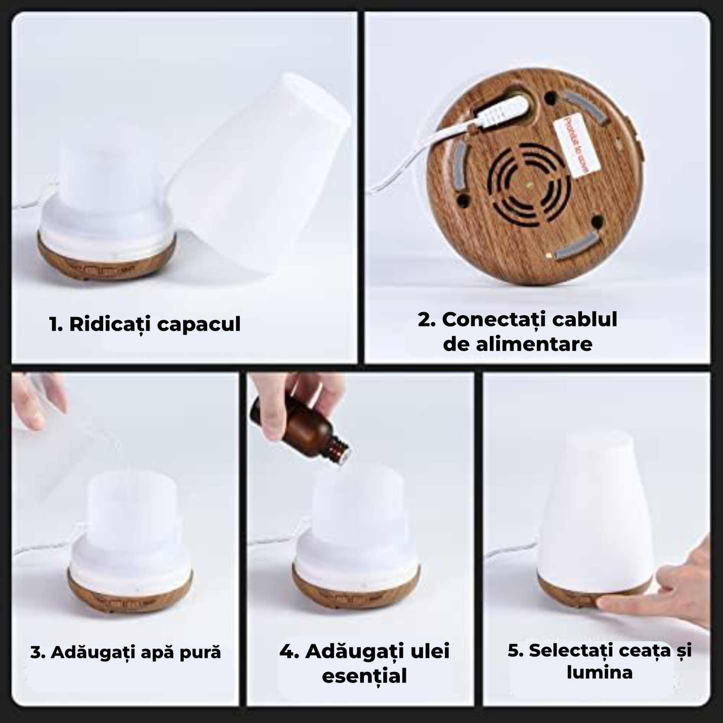 Difuzor aromaterapie ultrasonic 100 ml cu LED RGB, timer și funcție de umidificare – design lemn alb