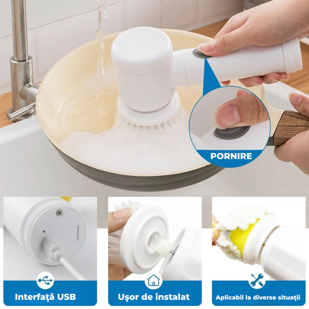Perie de curățare multifuncțională pentru baie cu mâner lung, cap rotativ 180° și capete interschimbabile – reglabilă, alb