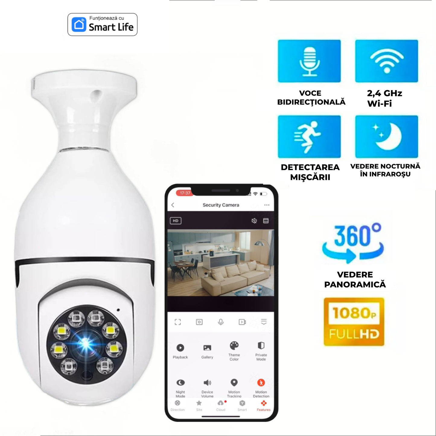 Cameră de Supraveghere WiFi 8K, 16MP, 4 Lentile, Zoom 10X, AI, Vedere Nocturnă Color, Audio Bidirecțional
