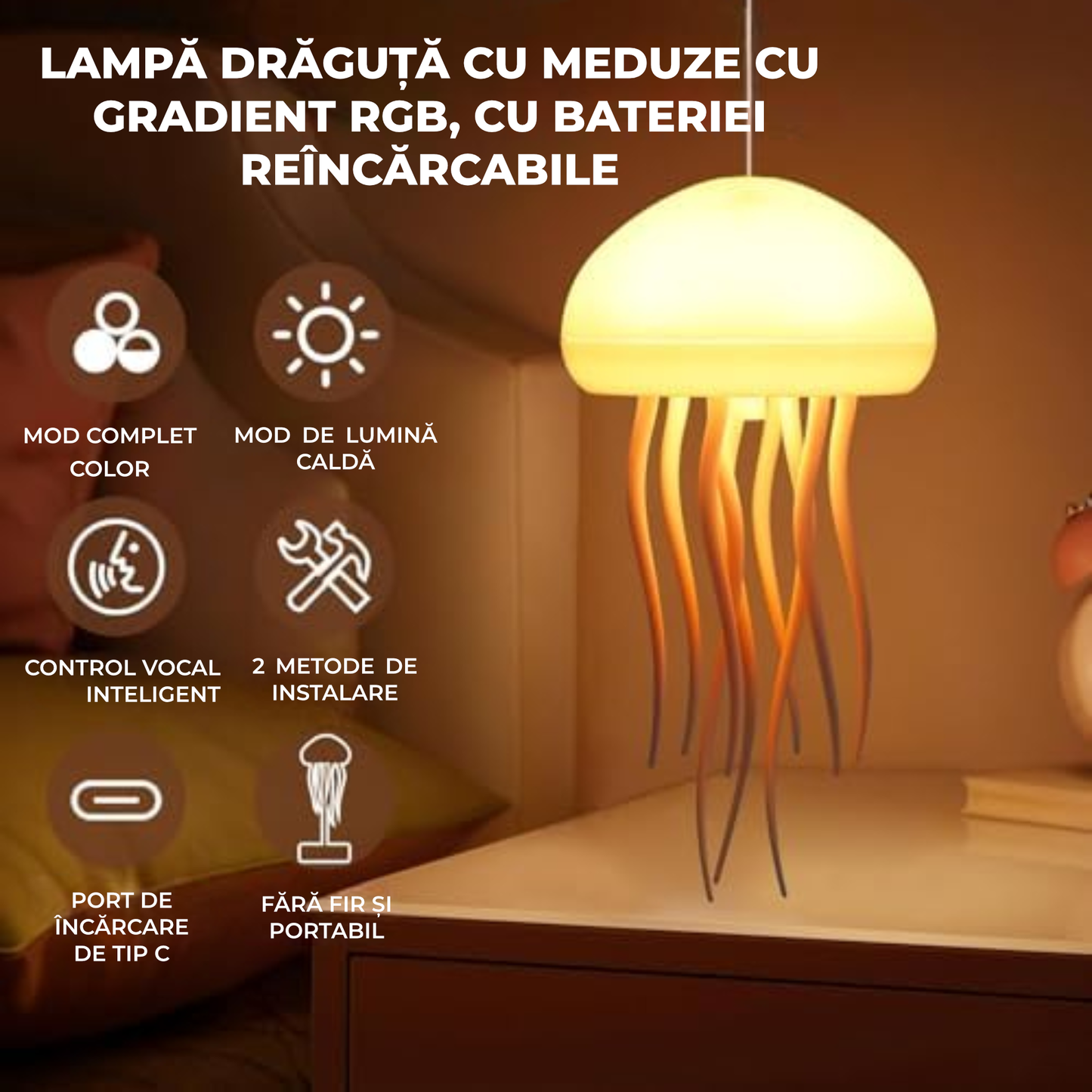 Lampă Jellyfish cu Meduze Plutitoare și Lumini RGB – Alimentare USB/Baterii, Efect Relaxant