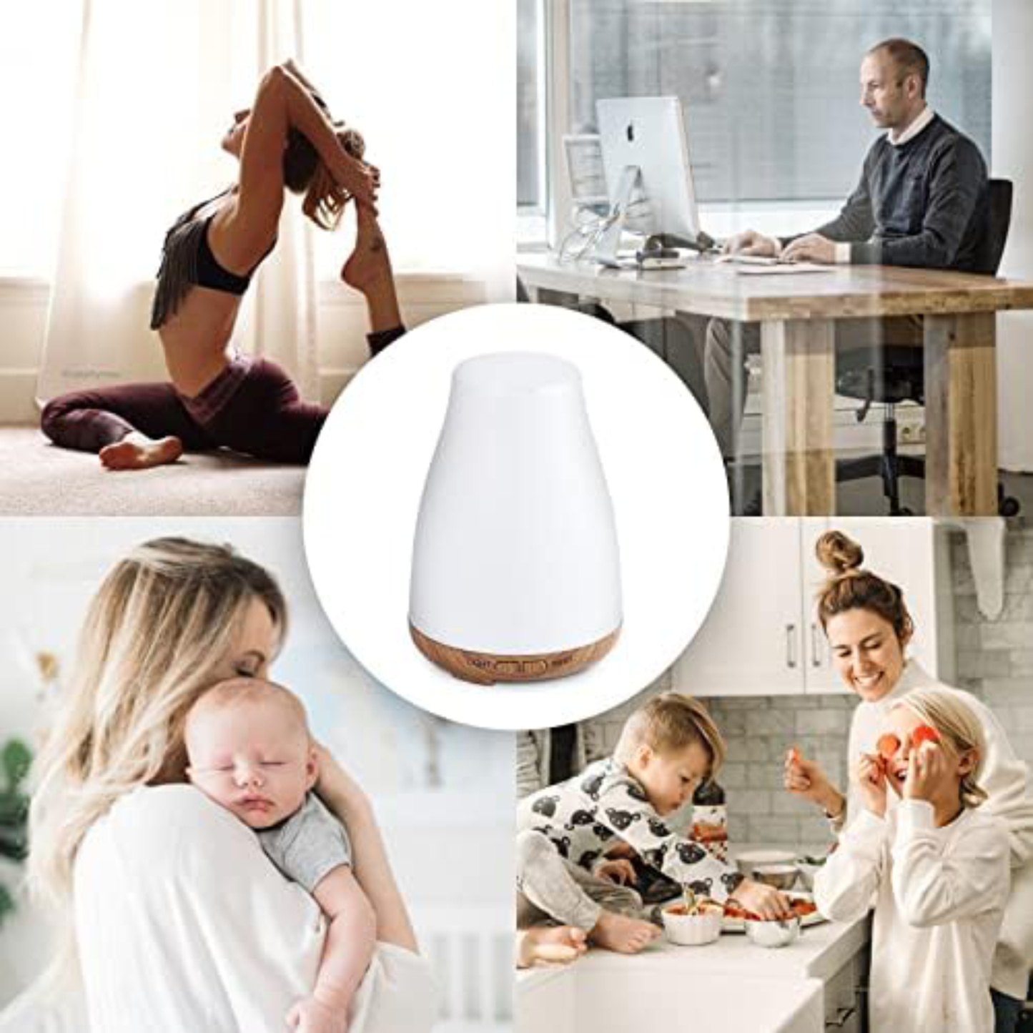 Difuzor aromaterapie ultrasonic 100 ml cu LED RGB, timer și funcție de umidificare – design lemn alb