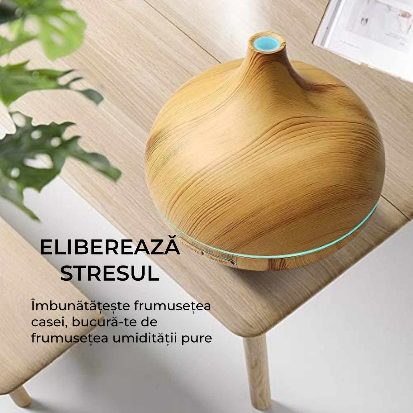 Umidificator aromaterapie cu ultrasunete 550 ml, LED RGB, timer și protecție lipsă apă – design lemn deschis