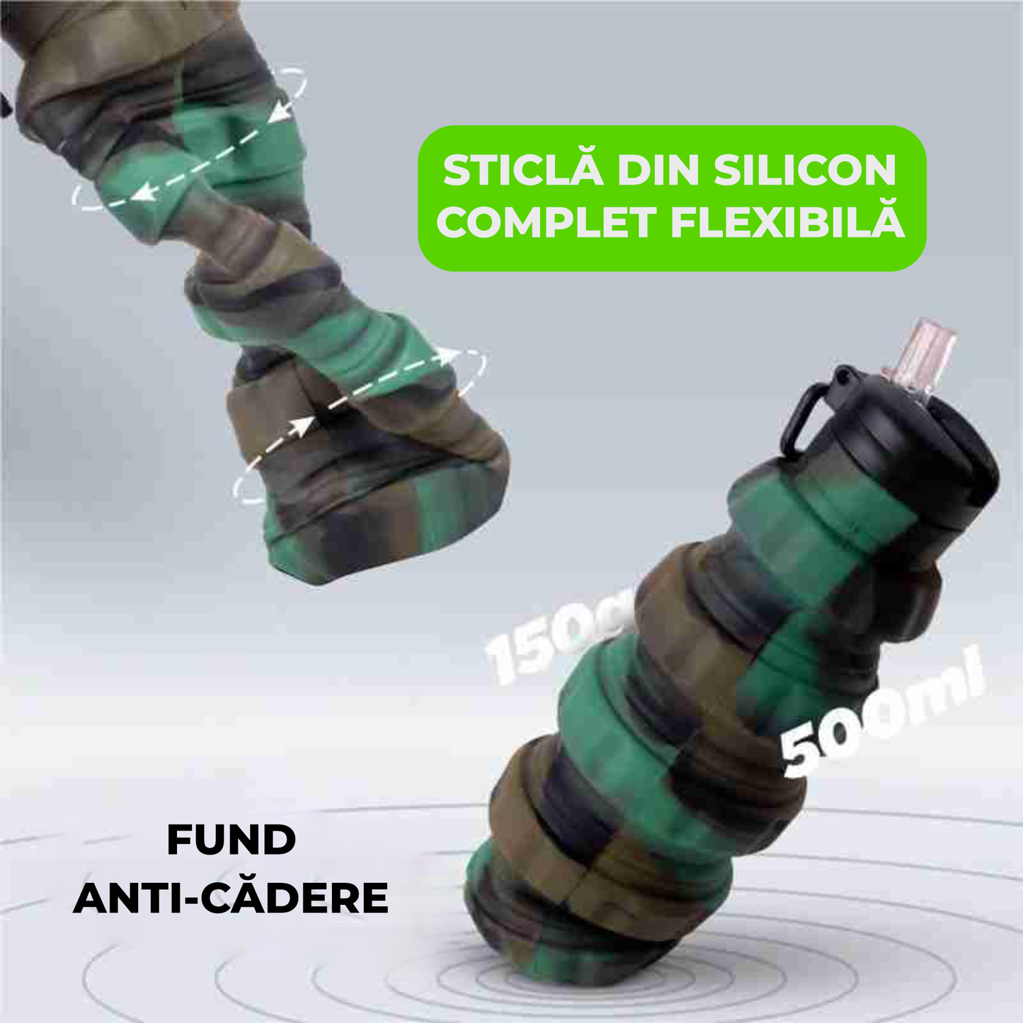Sticlă Pliabilă pentru Apă din Silicon Alimentar – 500 ml, Reutilizabilă, Sport & Camping, Camuflaj