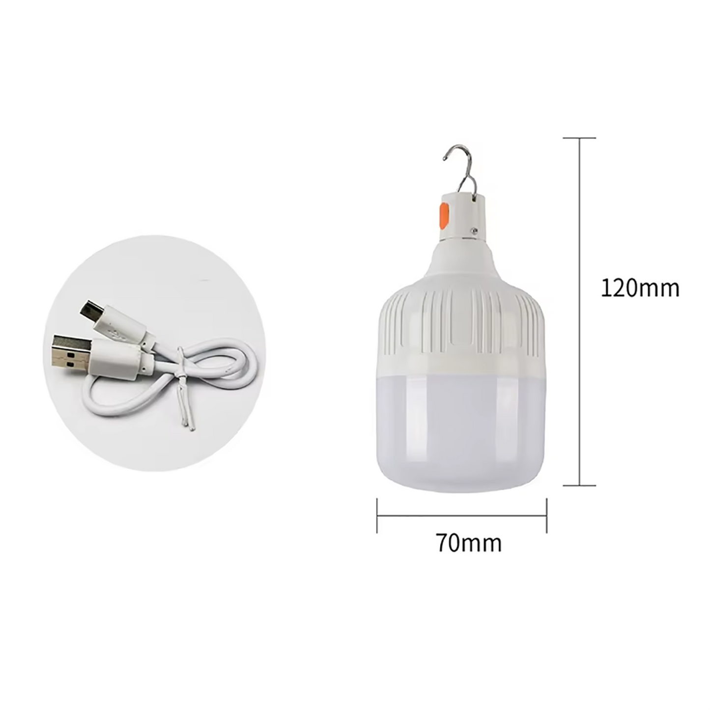 Bec LED portabil reîncărcabil cu USB, 36W, IP55, lumină albă rece, cu agățătoare – ideal pentru camping și urgențe