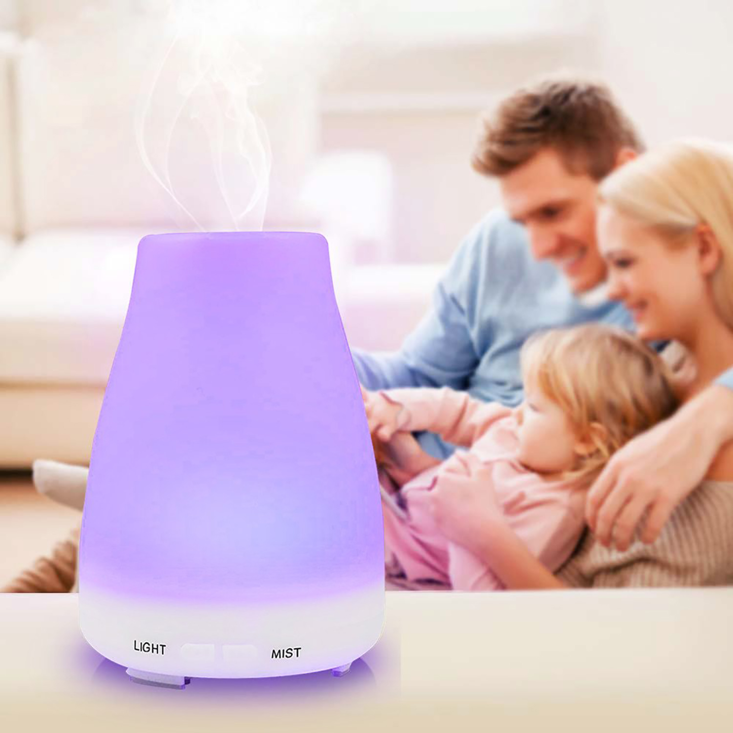 Difuzor aromaterapie ultrasonic 100 ml cu LED RGB, timer și funcție de umidificare – design lemn alb