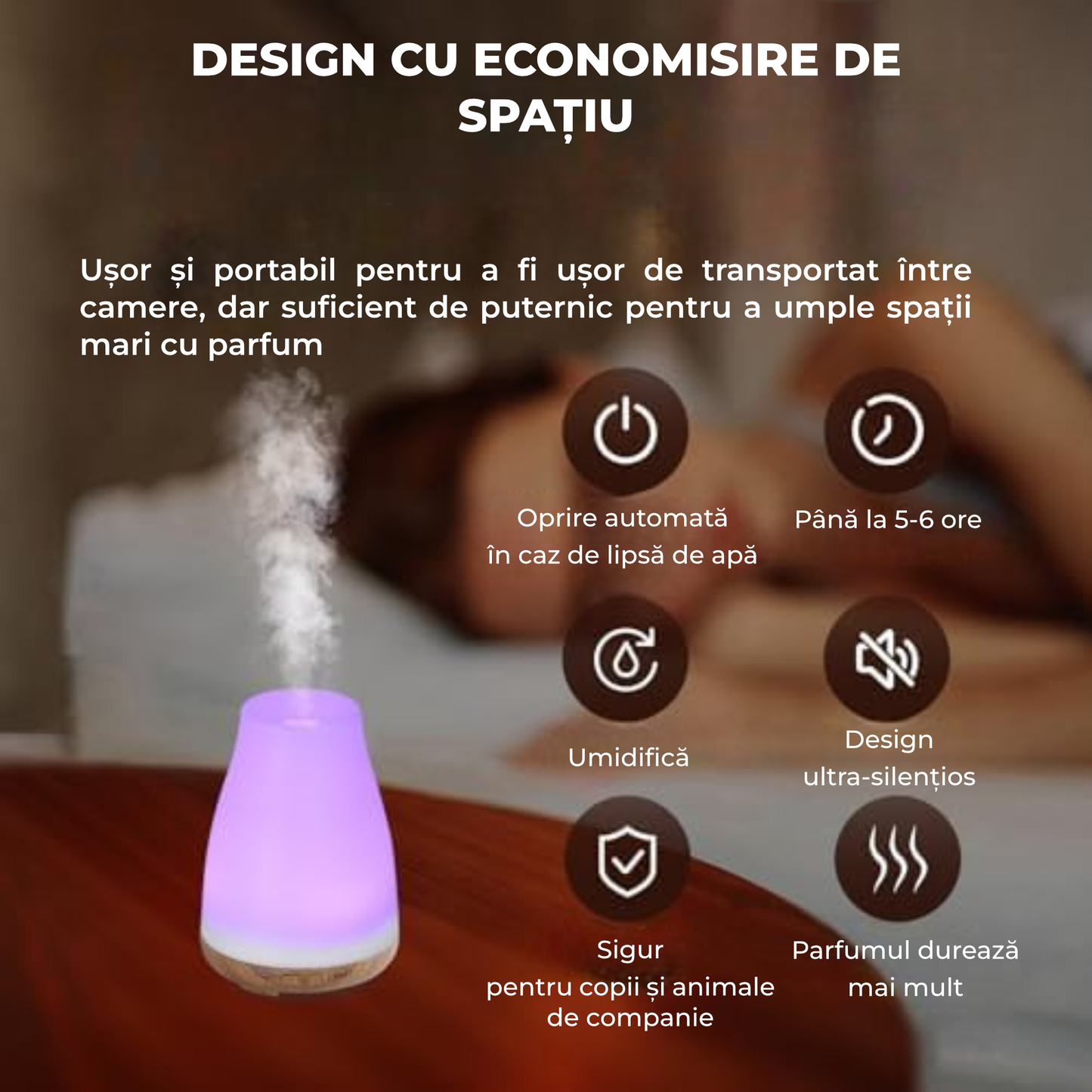 Difuzor aromaterapie ultrasonic 100 ml cu LED RGB, timer și funcție de umidificare – design lemn alb