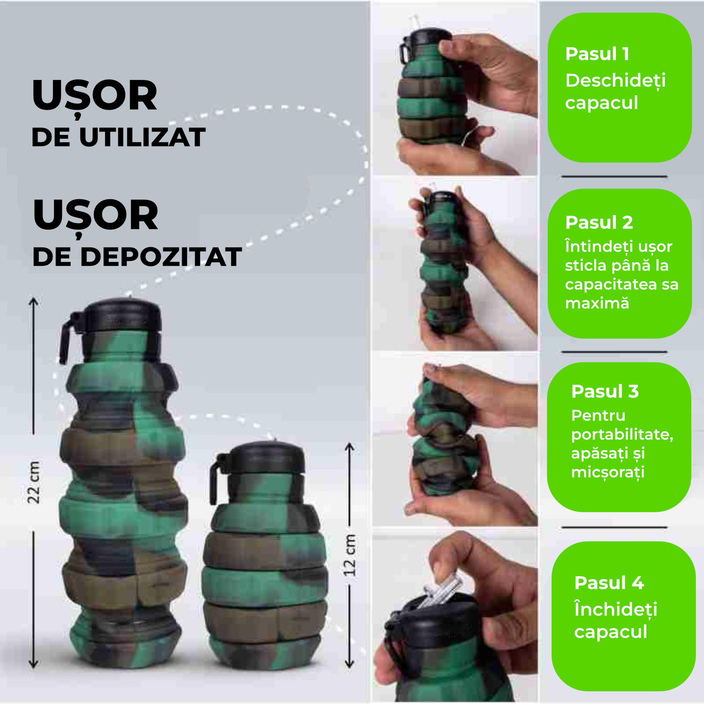 Sticlă Pliabilă pentru Apă din Silicon Alimentar – 500 ml, Reutilizabilă, Sport & Camping, Camuflaj