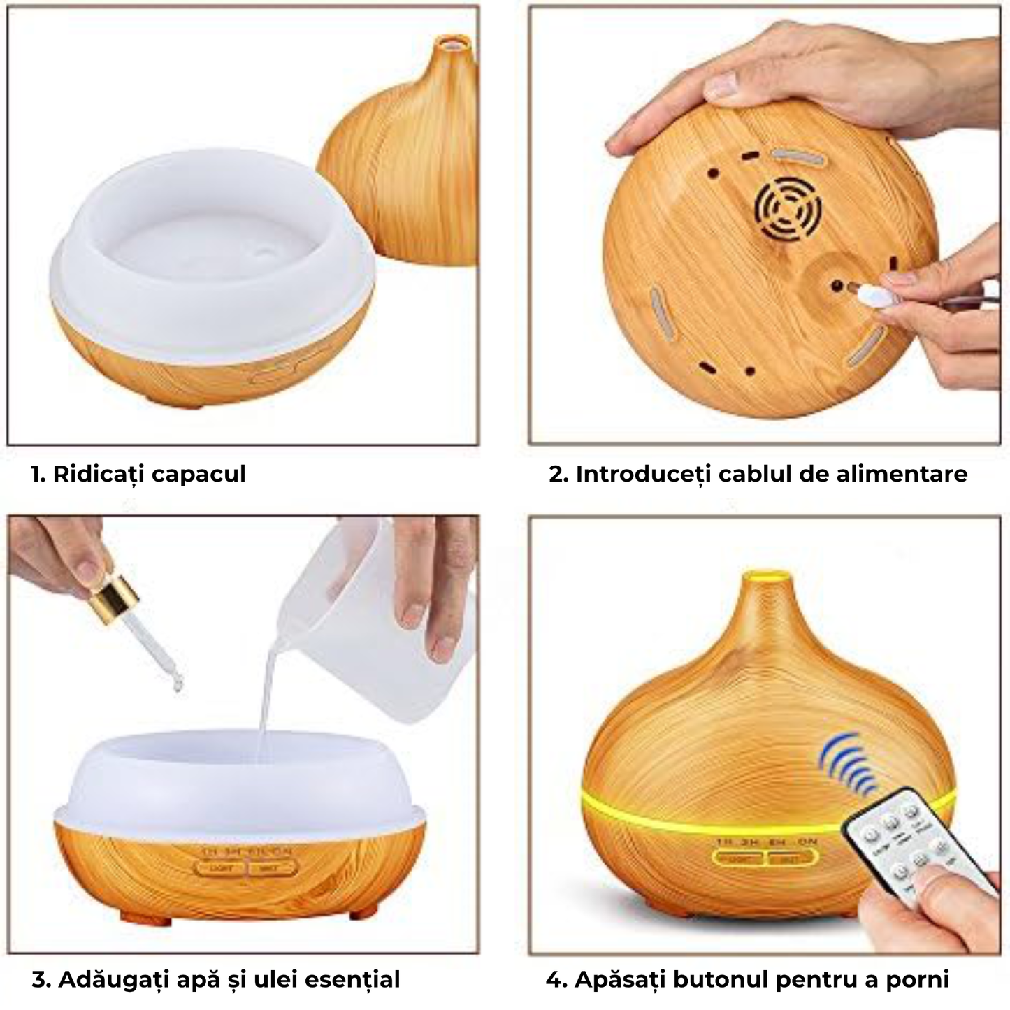 Umidificator aromaterapie cu ultrasunete 550 ml, LED RGB, timer și protecție lipsă apă – design lemn deschis