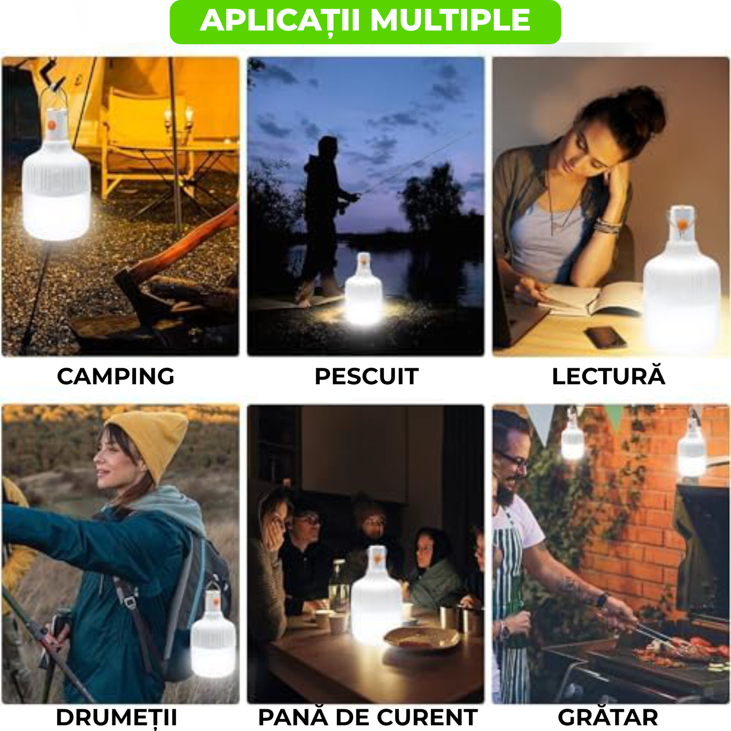 Bec LED portabil reîncărcabil cu USB, 36W, IP55, lumină albă rece, cu agățătoare – ideal pentru camping și urgențe