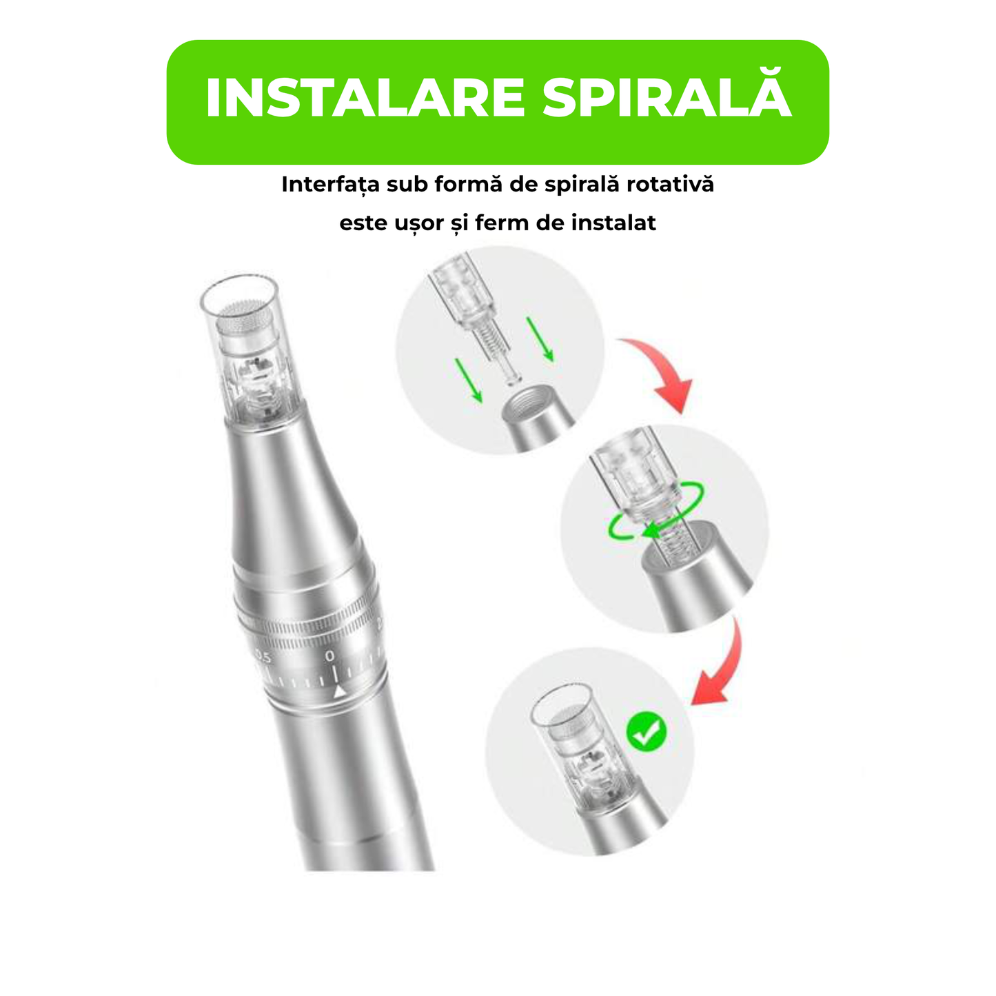Aparat Microneedling Electric Profesional Fără Fir, USB-C, cu 2 Cartușe Incluse – Argintiu