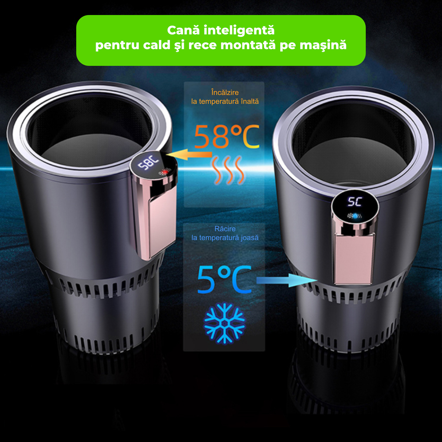 Pahar Auto Inteligent cu Încălzire și Răcire 12V, Afișaj Temperatură, 465 ml, Portabil, Negru