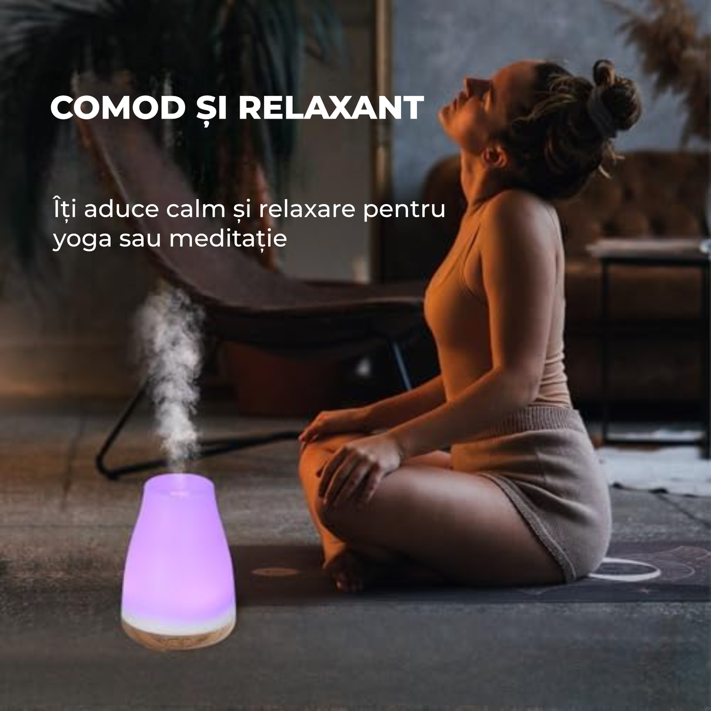 Difuzor aromaterapie ultrasonic 100 ml cu LED RGB, timer și funcție de umidificare – design lemn alb