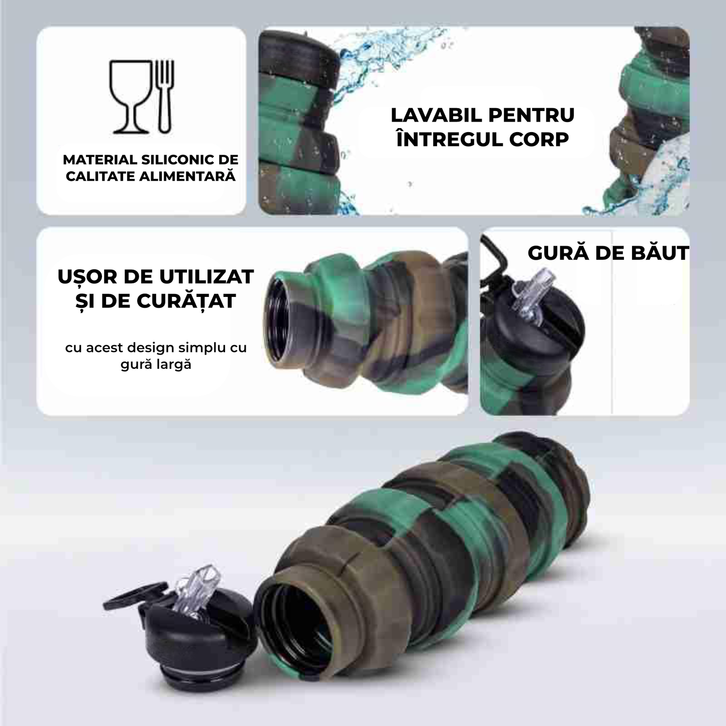 Sticlă Pliabilă pentru Apă din Silicon Alimentar – 500 ml, Reutilizabilă, Sport & Camping, Camuflaj