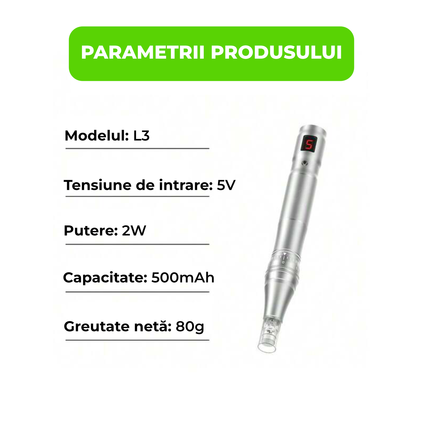 Aparat Microneedling Electric Profesional Fără Fir, USB-C, cu 2 Cartușe Incluse – Argintiu