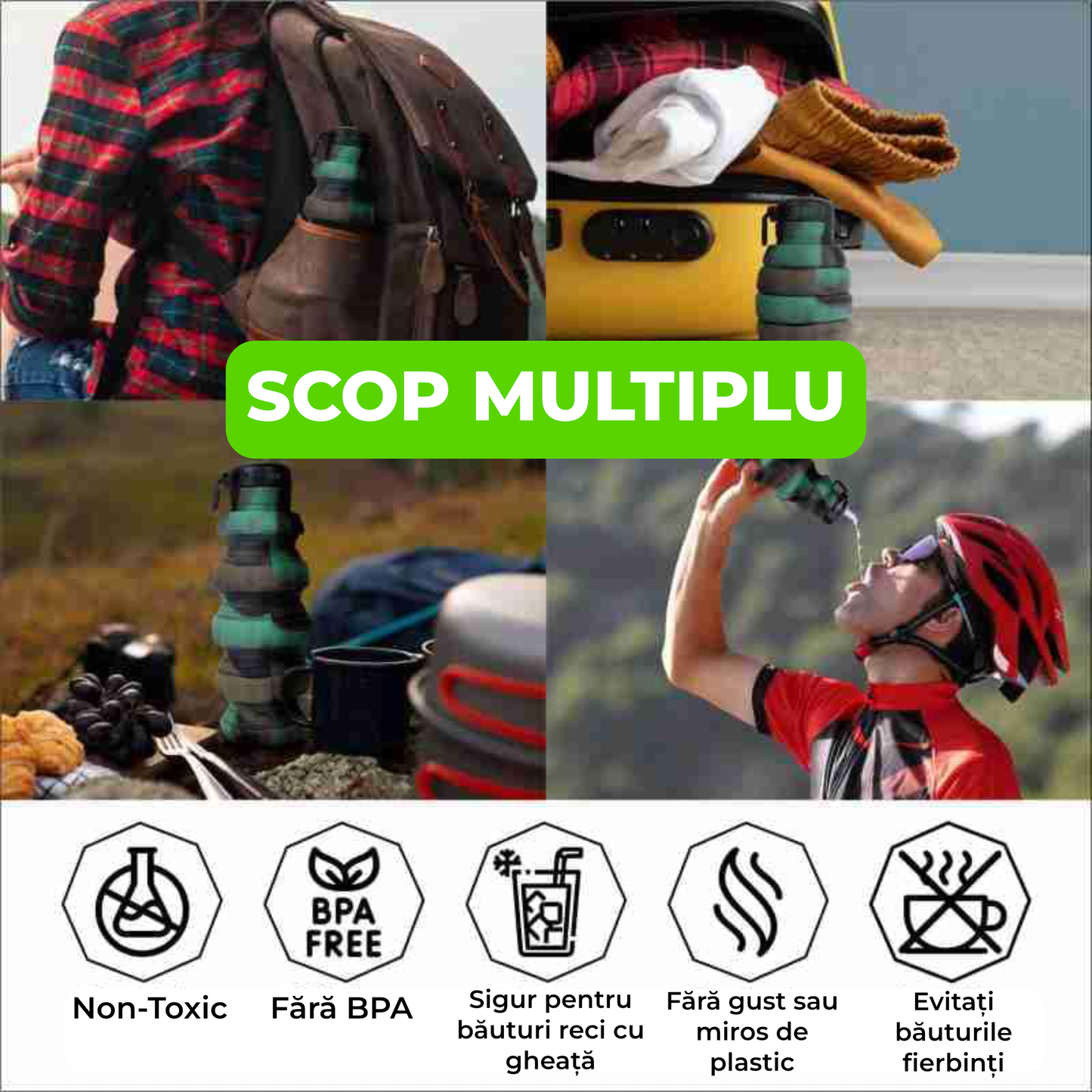Sticlă Pliabilă pentru Apă din Silicon Alimentar – 500 ml, Reutilizabilă, Sport & Camping, Camuflaj