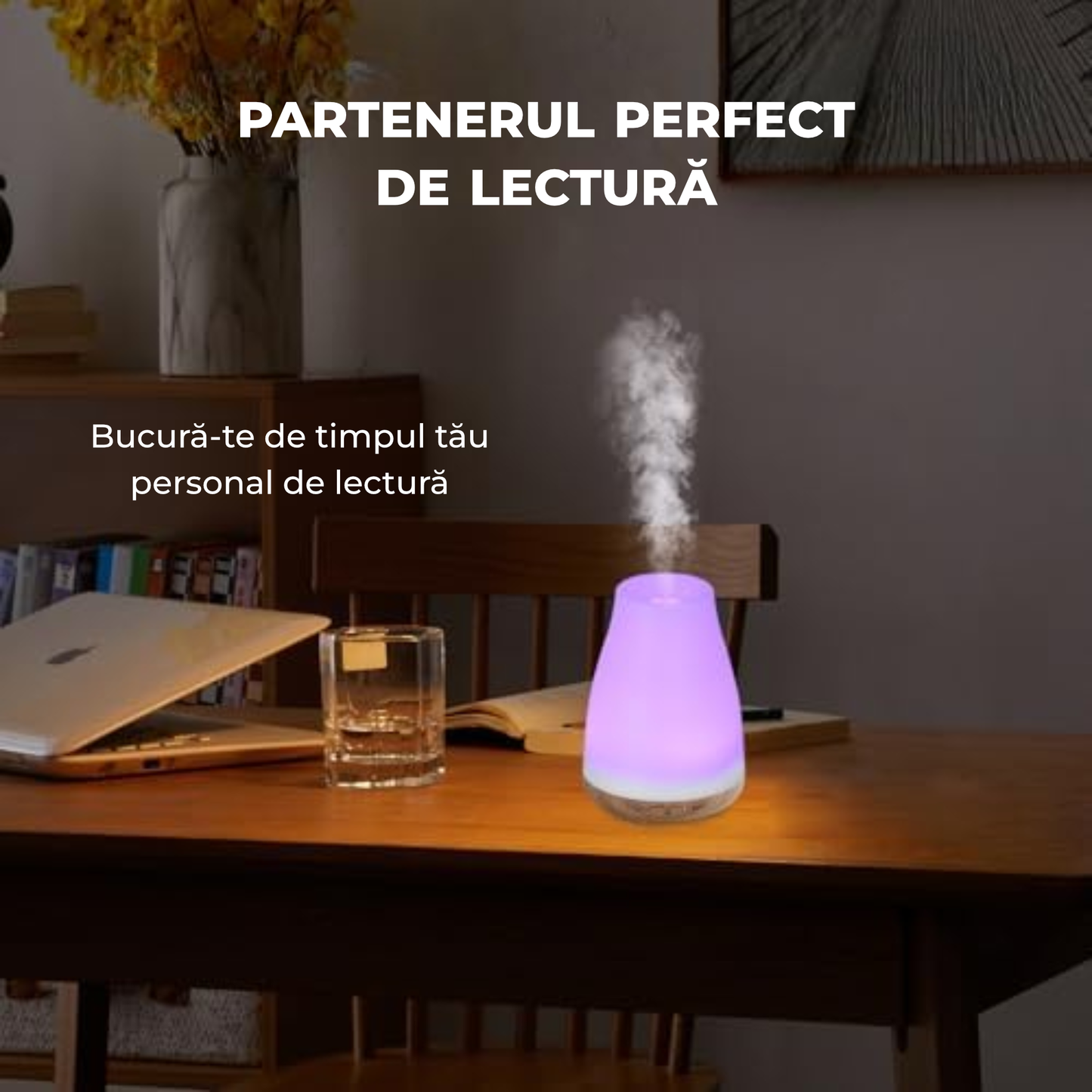Difuzor aromaterapie ultrasonic 100 ml cu LED RGB, timer și funcție de umidificare – design lemn alb