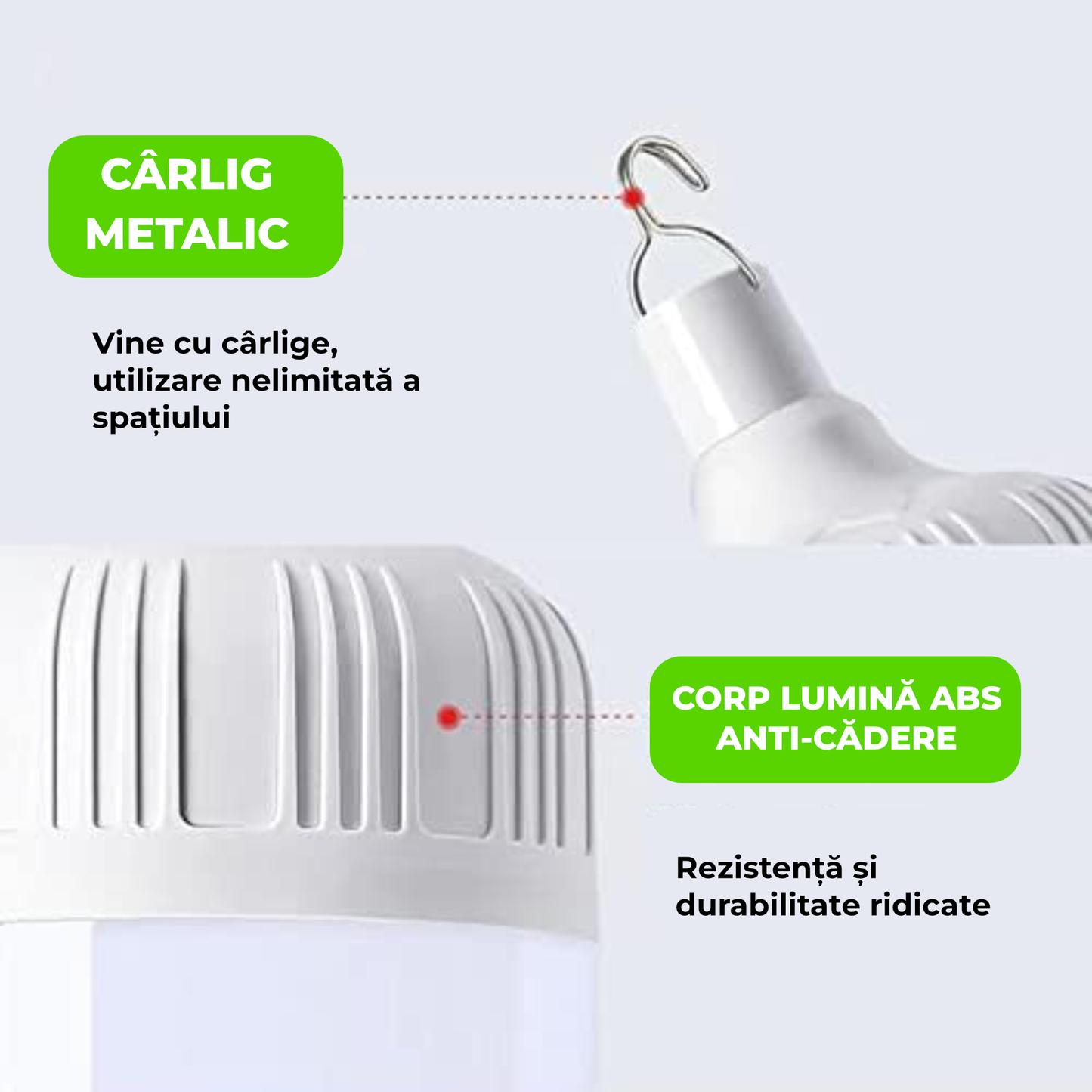 Bec LED portabil reîncărcabil cu USB, 36W, IP55, lumină albă rece, cu agățătoare – ideal pentru camping și urgențe